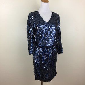 Q MACK Blue Sequin Embellished Low Elastic Waist Pockets Dress